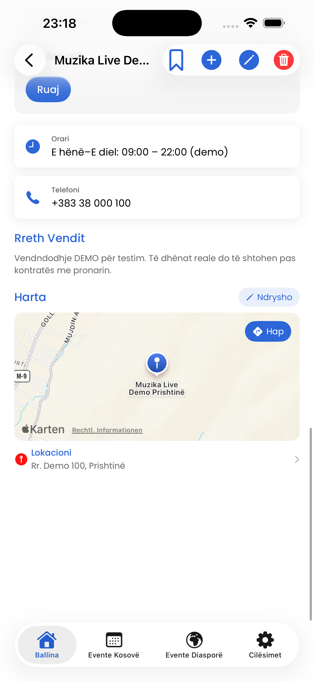 Venue details with map